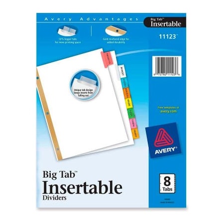 Avery WorkSaver Big Tab Insertable Tab Divider, Blank, 8.5x11, 8 Tabs, White/Multicolor